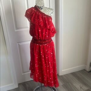 JOIE Red Silk One-Shoulder Midi Dress S